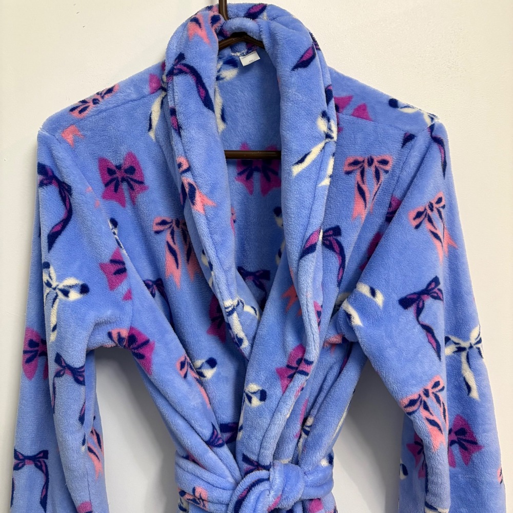 Vera Bradley Blue Plush Fleece Robe Pink Bow Print Shawl Collar S/M